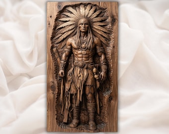 Archivo de jefe nativo / Perfil de tocado tallado / Decoración de espíritu de lobo / Arte de cabaña occidental / Grabado con aspecto de madera / Placa de pared patrimonial