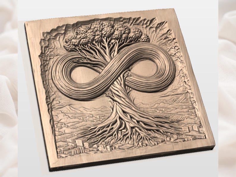 May include: A wooden carving featuring a tree with roots and branches forming an infinity symbol. The tree is set against a backdrop of a landscape with buildings and mountains. The carving is in a natural wood tone.