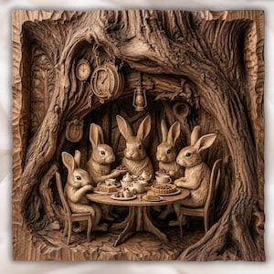 Bunny Tea Party STL | Easter Rabbit Relief | Whimsical Wall Decor | Woodland Tree Scene | Wood Carving Design | Storybook Plaque