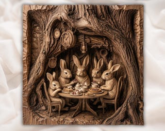 Bunny Tea Party STL | Easter Rabbit Relief | Whimsical Wall Decor | Woodland Tree Scene | Wood Carving Design | Storybook Plaque