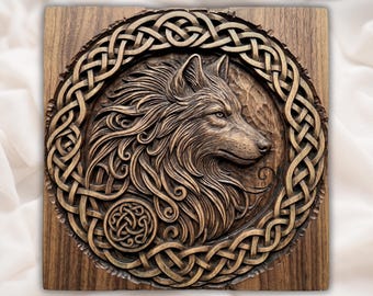 Painel de parede com lobo celta | Decoração em relevo de lobo com nós | Relevo CNC de lobo viking | Escultura de animal com nó celta | Decoração nórdica