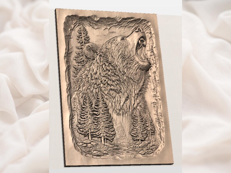 May include: A wooden relief carving of a bear roaring, set within a forest scene. The bear's head is prominently featured, with detailed fur and open mouth. The background includes stylized pine trees and a textured border.
