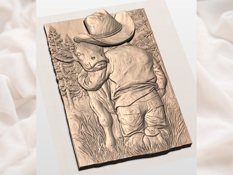 May include: A wooden relief carving depicts a cowboy in a hat embracing a calf. The carving is in a natural wood tone, with detailed textures of the cowboy's clothing, the calf's fur, and the surrounding foliage.