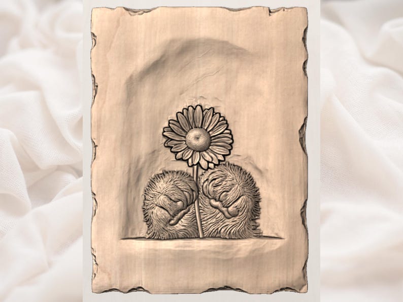 May include: A carved wooden plaque featuring a daisy and two stylized, furry creatures. The daisy is centrally positioned above the creatures, which are nestled together. The edges of the plaque have a rough, uneven texture.