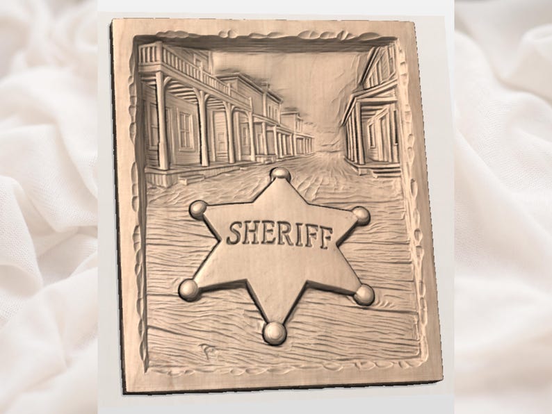 May include: A wooden plaque with a carved Western town scene and a sheriff's badge. The star-shaped badge is centered, with the word "SHERIFF" engraved across it. The background depicts a street with buildings.