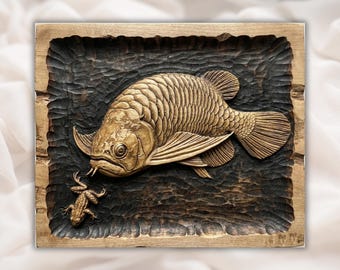 Karpfiskrelief STL | CNC-rutter 3D-sniderimodell | Koi-/karpfiske i träådring | Väggkonst för sportfiskarstuga