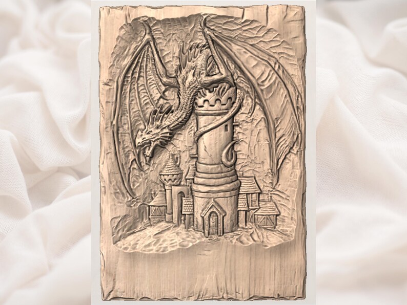 May include: A detailed wood carving of a dragon atop a castle tower. The dragon has large wings and a fierce expression. The castle has multiple turrets and a detailed facade. The carving is set against a textured background.