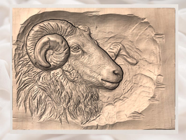 May include: A detailed wood carving of a ram's head in profile. The ram has large, curved horns and a textured coat. The carving is set against a textured background, showcasing the intricate details of the artwork.