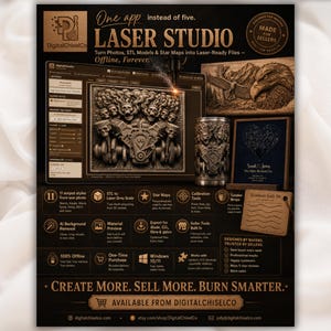 May include: A promotional graphic for Laser Studio software by DigitalChiselCo, featuring a computer interface displaying a skull-themed engine engraving, a metal tumbler, a wooden eagle plaque, and a star map, with text detailing software features.