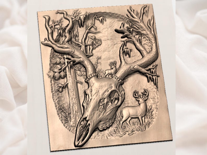 May include: A detailed relief carving of a deer skull with antlers, set within a forest scene. The artwork features a deer, trees, and a hunter. The piece is rendered in a warm, earthy tone, suggesting a rustic or natural theme.