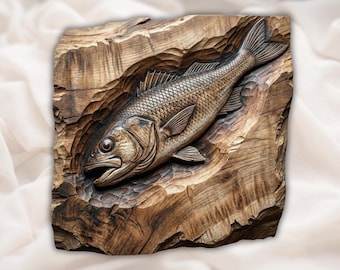 Bass Fish bas Relief STL | CNC Router 3D Carving Model | Realistic  Trout Wood Grain Bas Relief Panel | Fishing Cabin Man Cave Wall Art