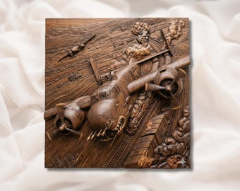 WW2 Bomber Train Attack 3D Relief STL | Vintage Aircraft Railway War Scene Wall Art | CNC Router 3D Print Laser Engrave File