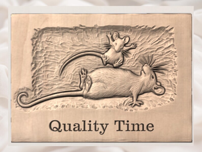 May include: A wooden plaque with a carved relief of two mice. One mouse is lying down, and the other is standing on top. The text "Quality Time" is carved at the bottom of the plaque.