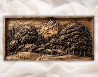 Mountain Forest Cabin 3D Relief STL | CNC Router Wood Carving File | Rustic Village Landscape Wall Art Panel | Cottage Scene Decor