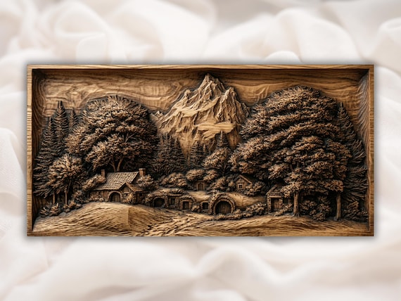Mountain Forest Cabin 3D Relief STL | CNC Router Wood Carving File