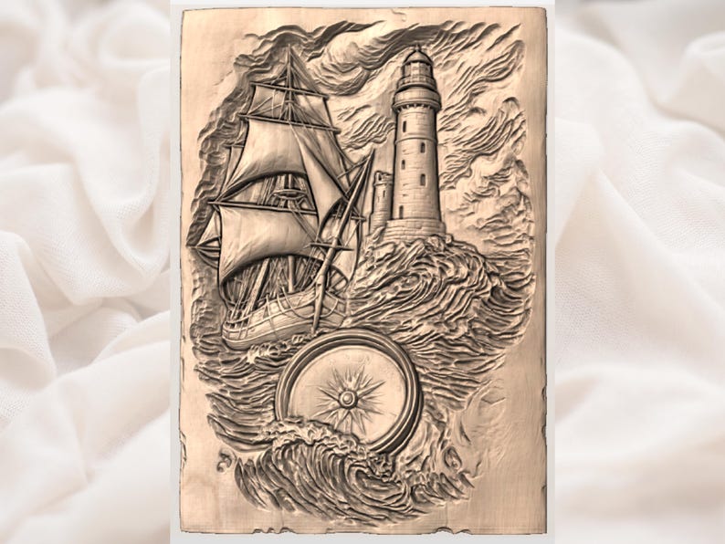 May include: A detailed relief carving depicting a nautical scene. A tall lighthouse stands on a rocky shore, with a sailing ship and compass in the foreground. The artwork is rendered in shades of brown, with intricate details of waves and clouds.