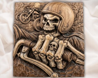 Skeletal Outlaw Biker Motorcycle Scene CNC Relief STL | Chopper Rider Wall Art Design | Man Cave Garage Decor | Aspire VCarve Pro