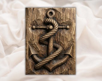 Anchor With Rope 3D Relief STL File | Nautical Maritime Wood Grain CNC Carving | Coastal Wall Art Panel | 3D Print & Laser Engraving