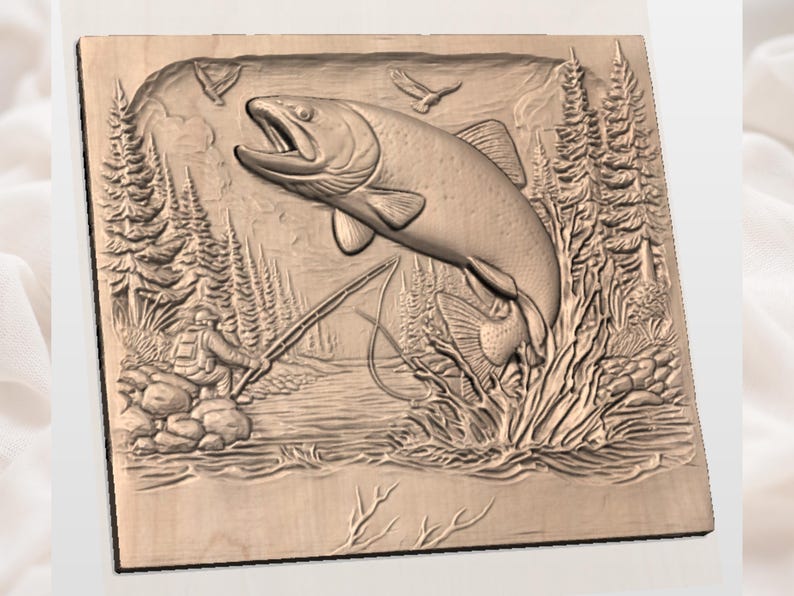 May include: A wooden relief carving depicting a leaping fish, a fisherman, and a forest scene. The fish is jumping out of the water with its mouth open. The fisherman is seated on rocks, holding a fishing rod. The carving is in shades of brown.