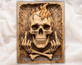 Rebel Skull Middle Finger Fire CNC Relief STL | Badass Biker Wall Art Panel | Man Cave Wood Carving Design | Aspire VCarve