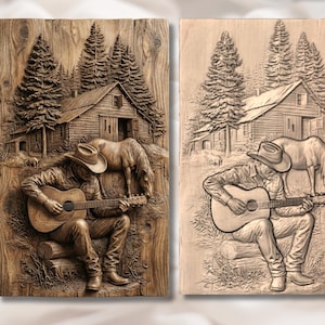 Cowboy Playing Guitar 3D Relief STL for CNC Router, Laser Engraving & 3D Printing view 2