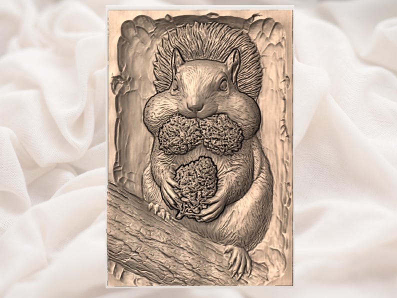 May include: A detailed relief carving of a squirrel holding two large nuts in its paws and mouth. The squirrel is perched on a tree branch, with a textured background. The artwork is in shades of brown and beige.