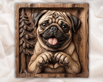 Pug Dog STL | Cute Pet Relief | Heart Paws Wall Decor | Rustic Woodland Artwork | Wood Carving Design | Dog Lover Plaque | Animal Plaque STL