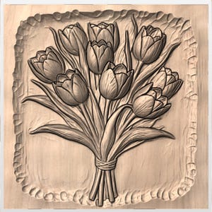 Tulip Bouquet 3D Relief STL for CNC Router | Floral Bunch Wood Carving Panel | Spring Flowers Wall Art | 3D Print image 3