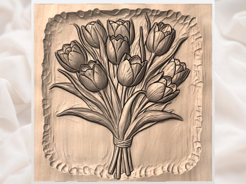 Tulip Bouquet 3D Relief STL for CNC Router | Floral Bunch Wood Carving Panel | Spring Flowers Wall Art | 3D Print image 3