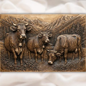 May include: A wooden relief carving depicting three cows in a mountain landscape. The cows have bells around their necks. The background features detailed mountains and trees, all rendered in shades of brown.