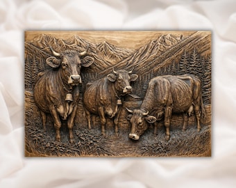 Cow Farm 3D Relief STL | CNC Router Wood Carving File | Mountain Landscape Cattle Wall Art Panel | Rustic Farmhouse Decor | Laser Engraving