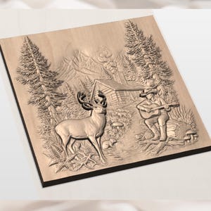 Cabin Deer & Cowboy Guitar 3D Relief STL view 3