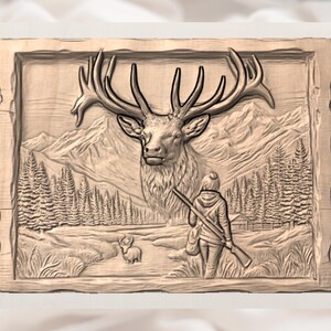Elk Hunter 3D Relief STL - Deer Head Mountain Forest Wall Art Panel view 3