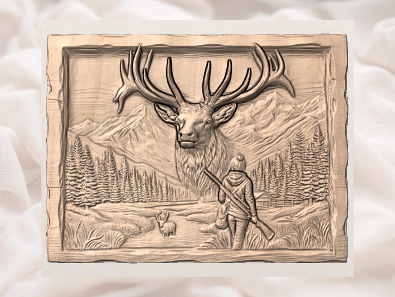 May include: A detailed wood carving depicts a majestic elk with large antlers, set against a mountainous backdrop. A person with a rifle stands in a forest scene. The artwork is framed with a rustic border, showcasing a hunting theme.