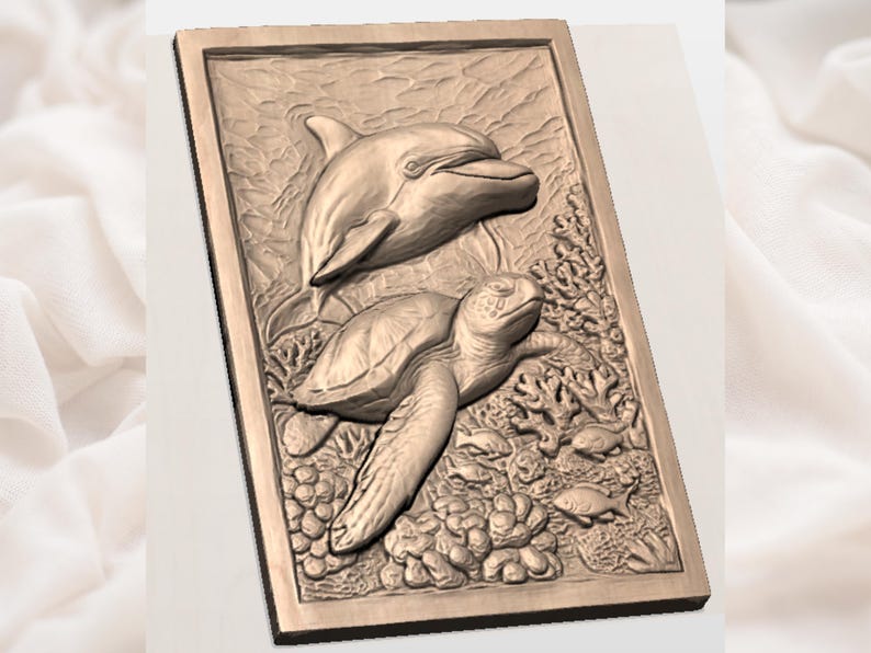May include: Bronze-colored rectangular relief sculpture featuring a dolphin and a sea turtle swimming among coral and fish. The detailed artwork is framed with a simple border, creating a three-dimensional effect.