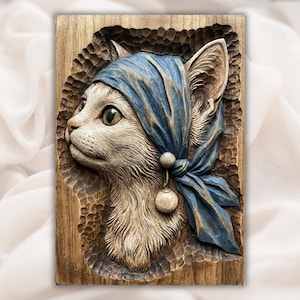 Cat with Headscarf 3D Relief STL view 1