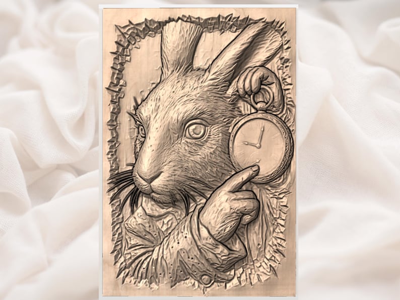 May include: A sepia-toned illustration of a rabbit holding a pocket watch. The rabbit, with detailed fur and large eyes, points at the watch with one finger. The watch shows the time as 7:05. The image is framed with a decorative border.