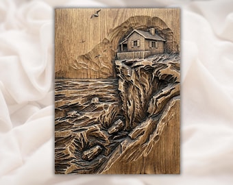 Küsten Cliff House 3D Relief STL-Datei | Ocean Cabin Holzmaserung CNC Carving | Seaside Wall Art Panel | 3D Druck & Lasergravur