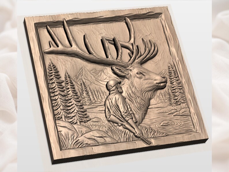 May include: A detailed relief carving in a wooden frame depicts a majestic elk with large antlers, a hunter, and a scenic mountain landscape. The artwork is rendered in shades of brown, showcasing the textures of the forest and the animal's fur.