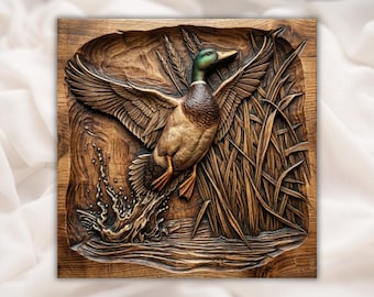 Mallard Duck Landing 3D Relief STL | CNC Router Wood Carving File | Flying Duck Water Splash Reeds Wall Art Panel | Hunting Cabin Decor