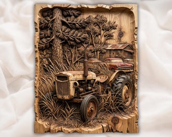 Vintage trekker 3D-reliëf STL | Boerderijscène CNC-router houtsnijbestand | Rustieke, landelijke bas-reliëf muurkunst| Woondecoraties