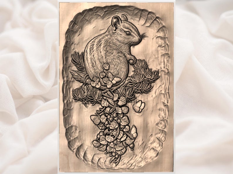 May include: A detailed, sepia-toned relief carving of a chipmunk perched on a branch with flowers and butterflies. The artwork is set within a textured, oval frame, showcasing intricate details and a natural theme.