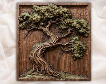 Relevo de Carvalho Majestoso e Retorcido em STL | Painel de Escultura em Madeira CNC | Baixo-relevo de Árvore Antiga | Painel de Arte de Parede Rústica com Tema da Natureza | Placa Rústica de Árvore