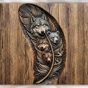 Könnte beinhalten: Detaillierte Holzschnitzerei mit einem Wolf, zwei Bären und einem kleineren Wolf, alle in einem Federdesign. Die Schnitzerei ist vor einem Holzgrund, der die natürliche Maserung und Textur des Holzes zeigt.