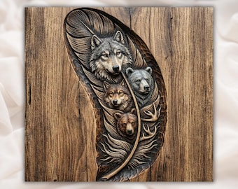 Wolf Family Feather Relief STL  CNC Router 3D Carving Model  Wildlife Spirit Animal Wood Grain Bas Relief Panel  Rustic Cabin Wall Art Decor