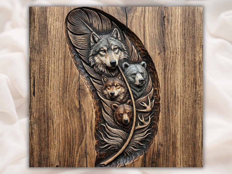 Wolf Family Feather Relief STL  CNC Router 3D Carving Model  Wildlife Spirit Ani