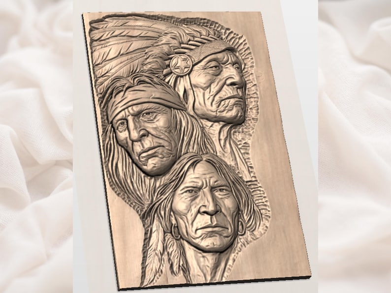 May include: A wooden relief carving depicting three Native American figures. The top figure wears a feathered headdress with a star-shaped emblem. The other two figures have long hair and traditional headbands. The carving is in shades of brown.