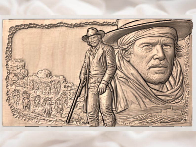 May include: A wooden relief carving featuring a cowboy with a rifle, a portrait of a man, and a scene of figures on horseback. The carving is in shades of brown and has detailed textures and a rustic aesthetic.