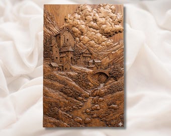 Medeltida slottsby 3D-relief STL | Bergsbro, flodlandskap, väggkonst | CNC-router 3D-utskrift, lasergraveringsfil