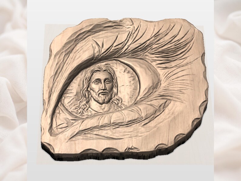 May include: A wooden carving depicting a portrait of Jesus Christ. The carving is set within a stylized, organic frame. The artwork is rendered in shades of brown and beige, with detailed textures.